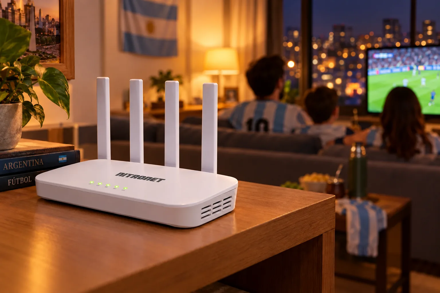 Familia mirando un partido de fútbol con el equipo de fibra NITRONET con Wi-Fi 6